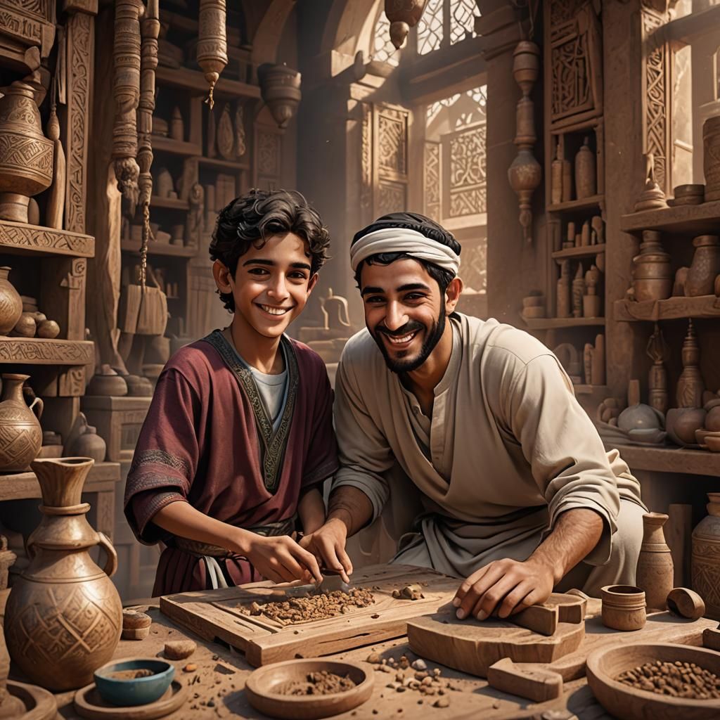 Middle Eastern Boy Helping Father, Comic Style