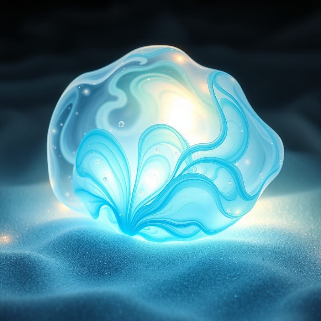 Luminous Glass Seashell in Dreamy, Weightless Atmosphere