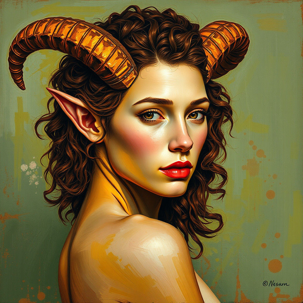 Faun Woman Portrait in Neo-Impressionist Style