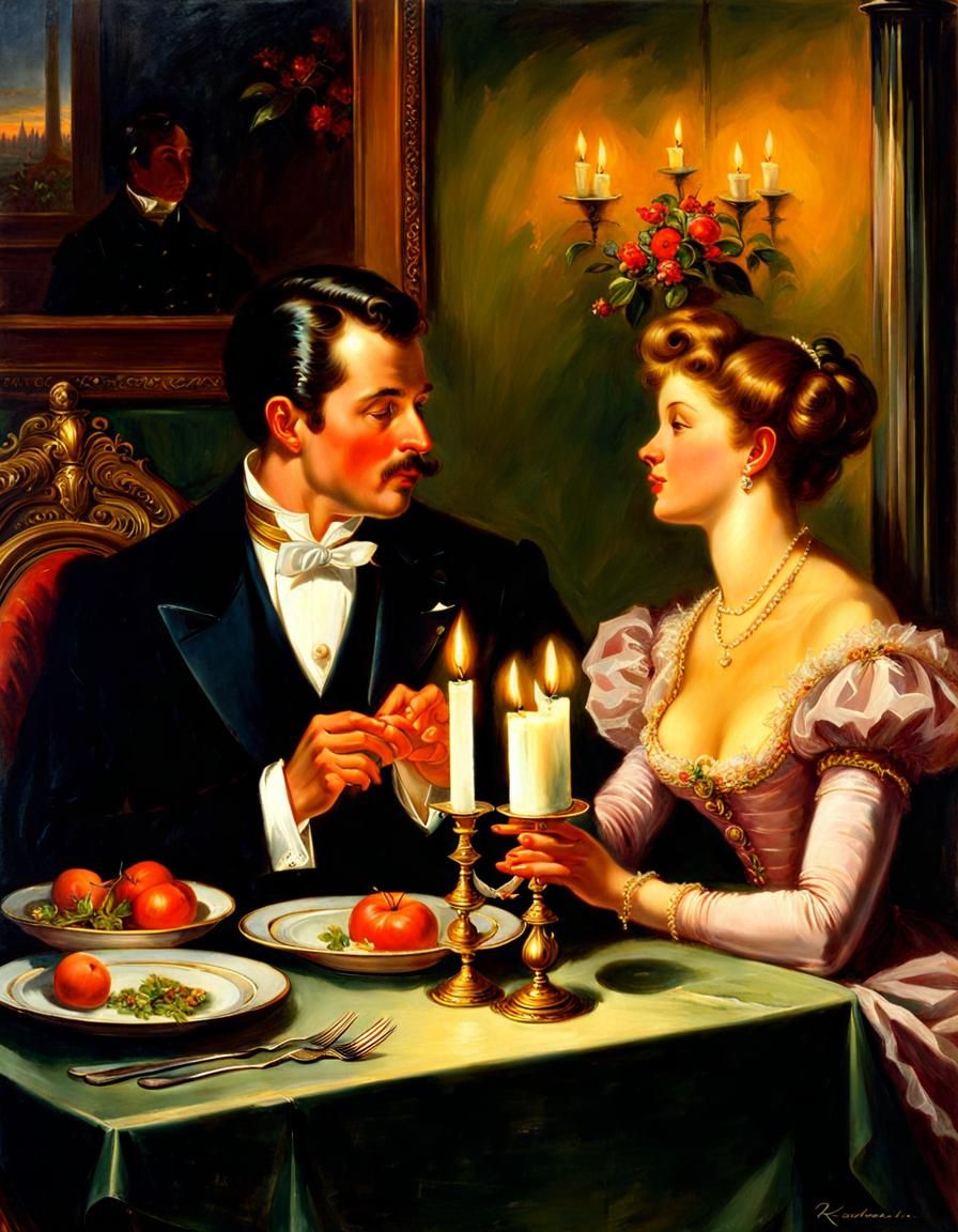 Romantic Candlelit Dinner in Oil Painting Style
