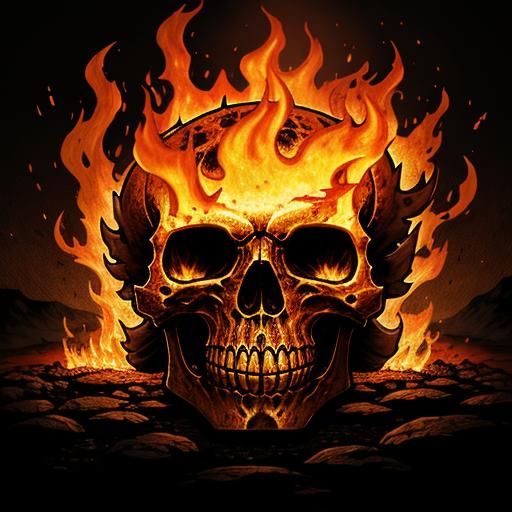 Burning Skull in Fire and Lava