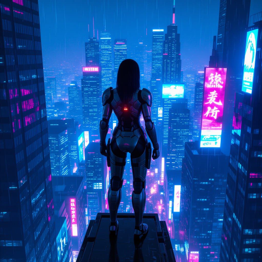 Cyborg Warrior Over Cyberpunk Cityscape