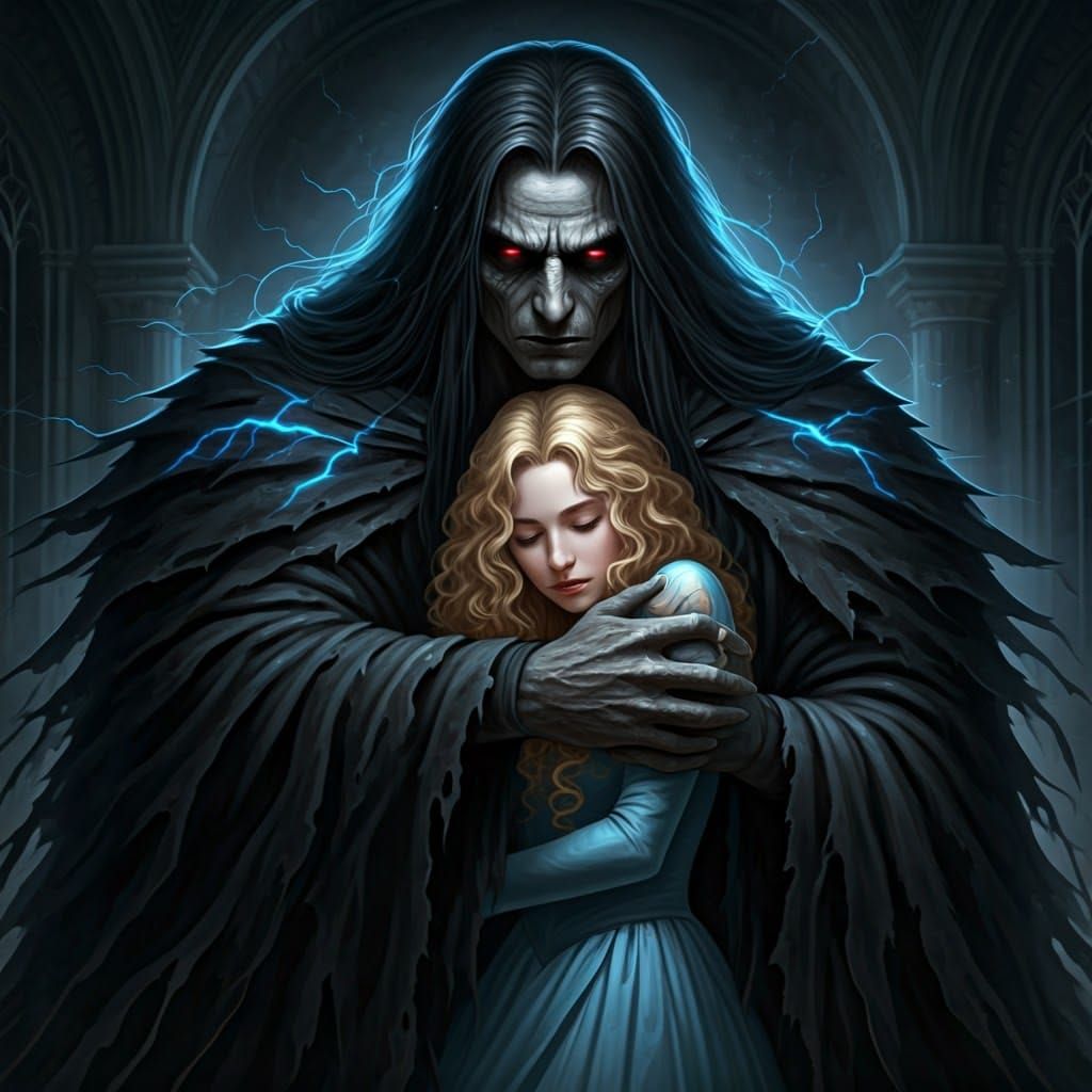 Gothic Giant with Electric Hair Embraces Blonde Maiden in Da...