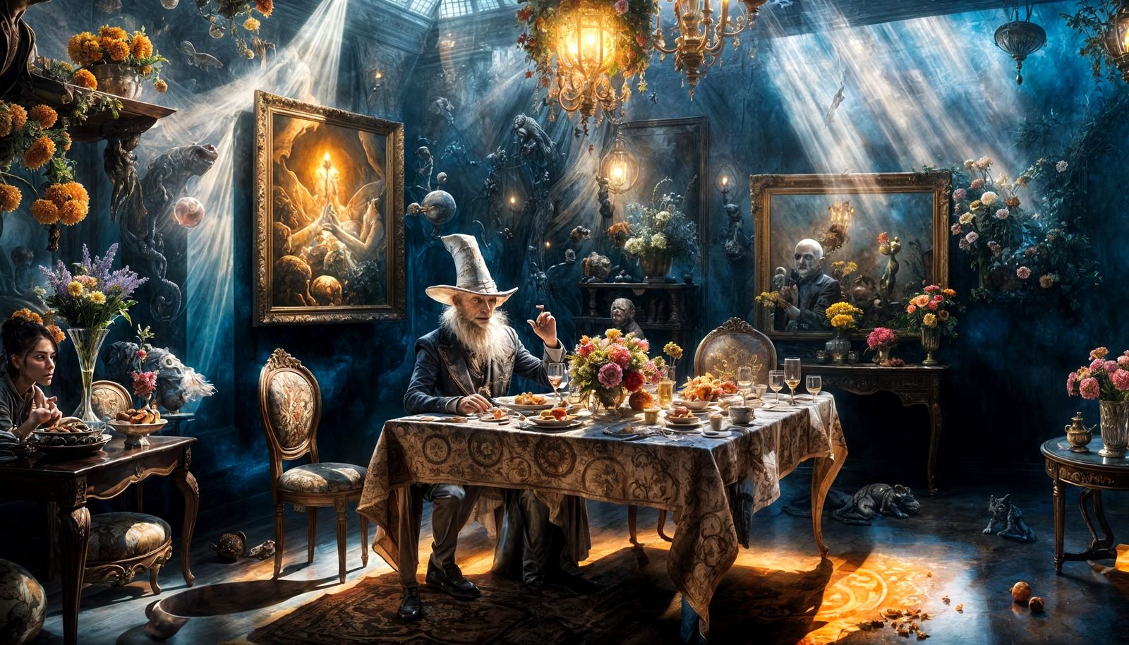 Surreal Restaurant Scene with Exotic Aliens