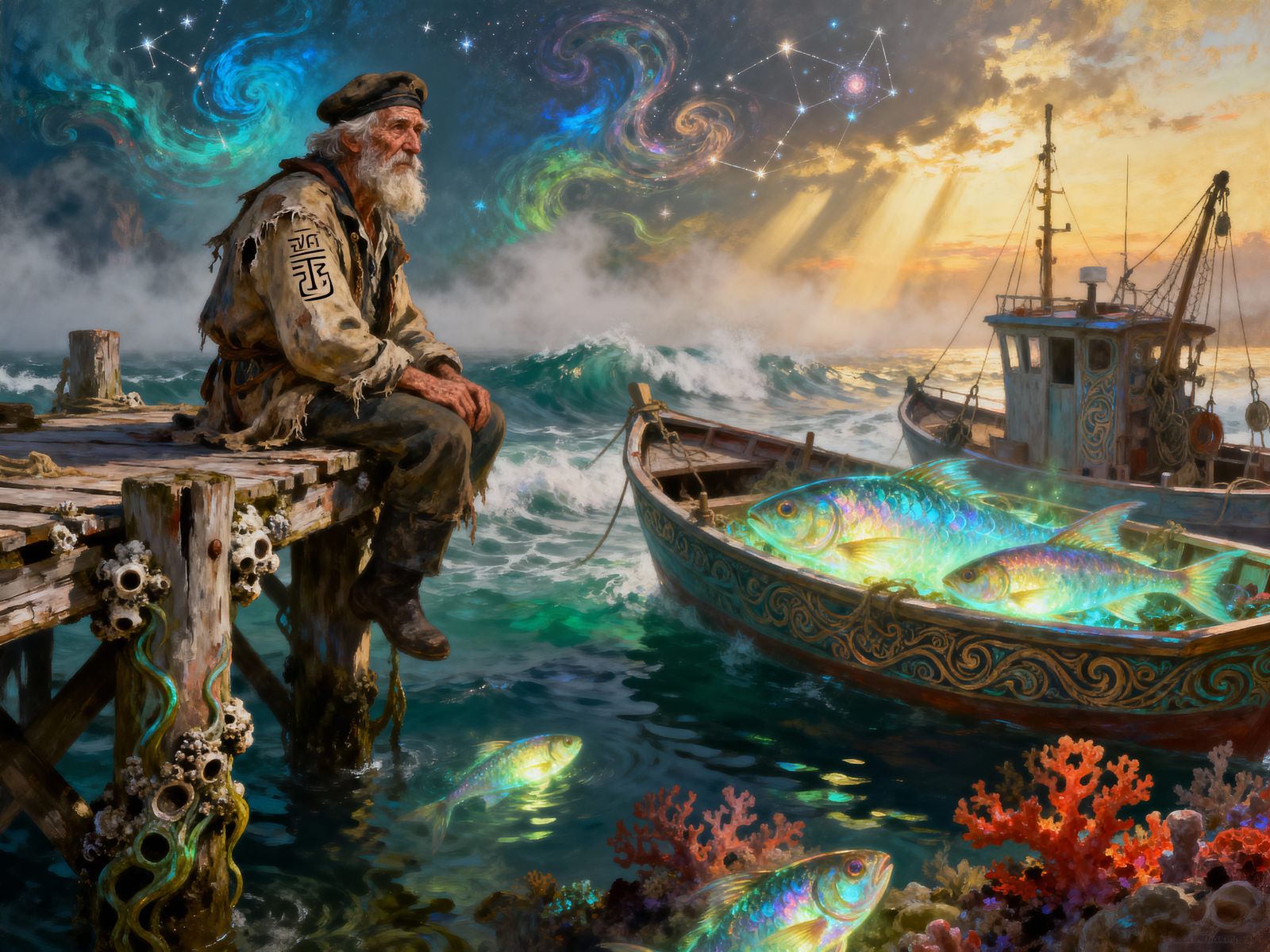 Old Sailor's Dream: Surreal Harbor with Luminous Fish