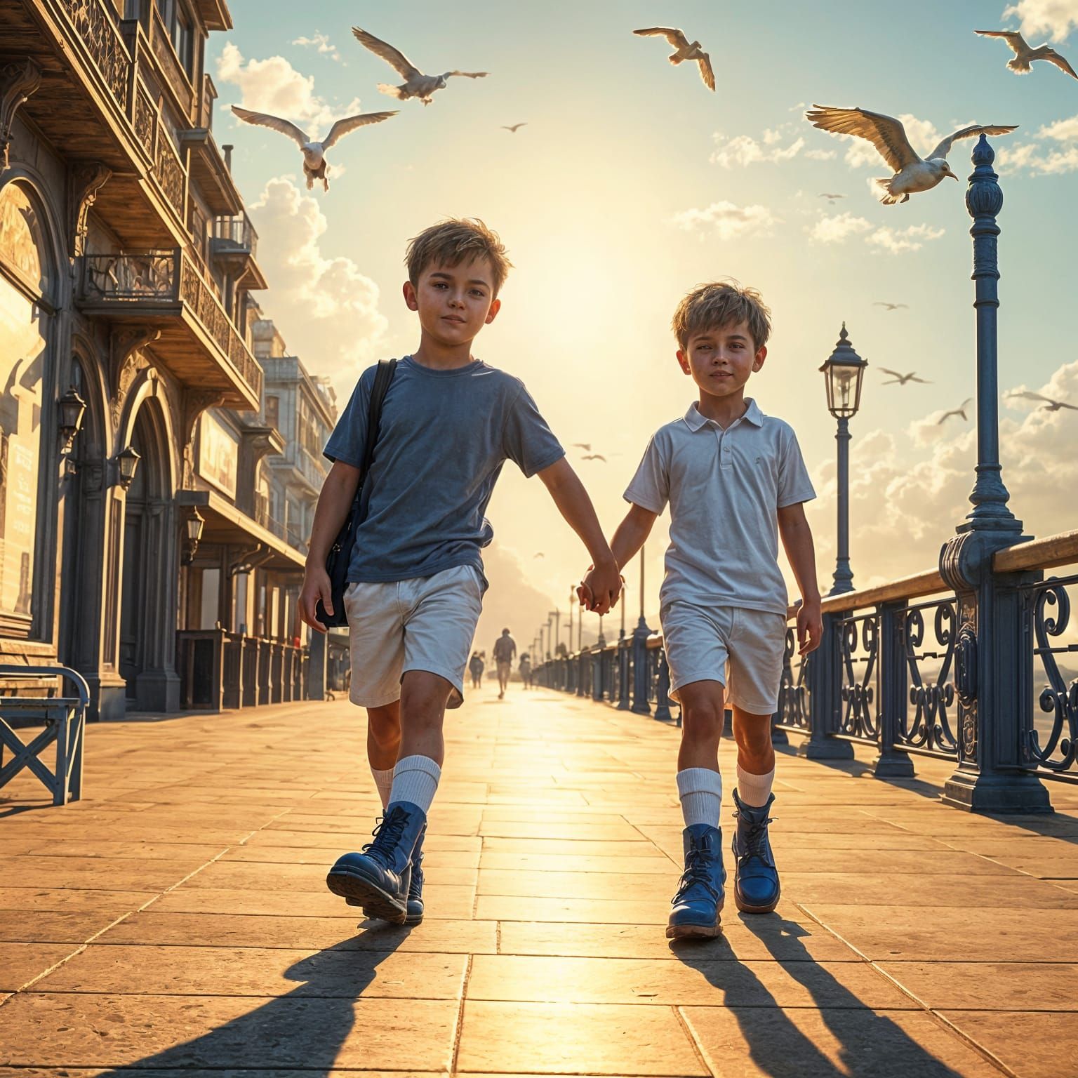 Country Boys Stroll the Seaside Promenade in Vibrant Sunligh...