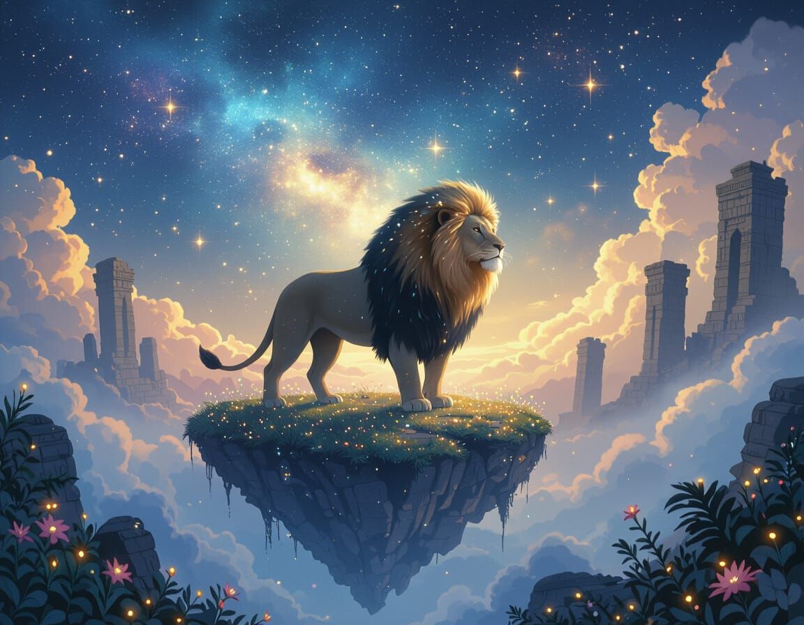 Celestial Lion in Nebula Sky, Ghibli-Inspired