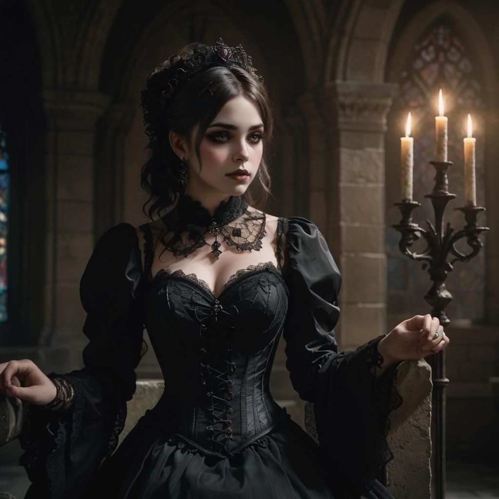 Gothic Anime Girl in Corset and Black Dress