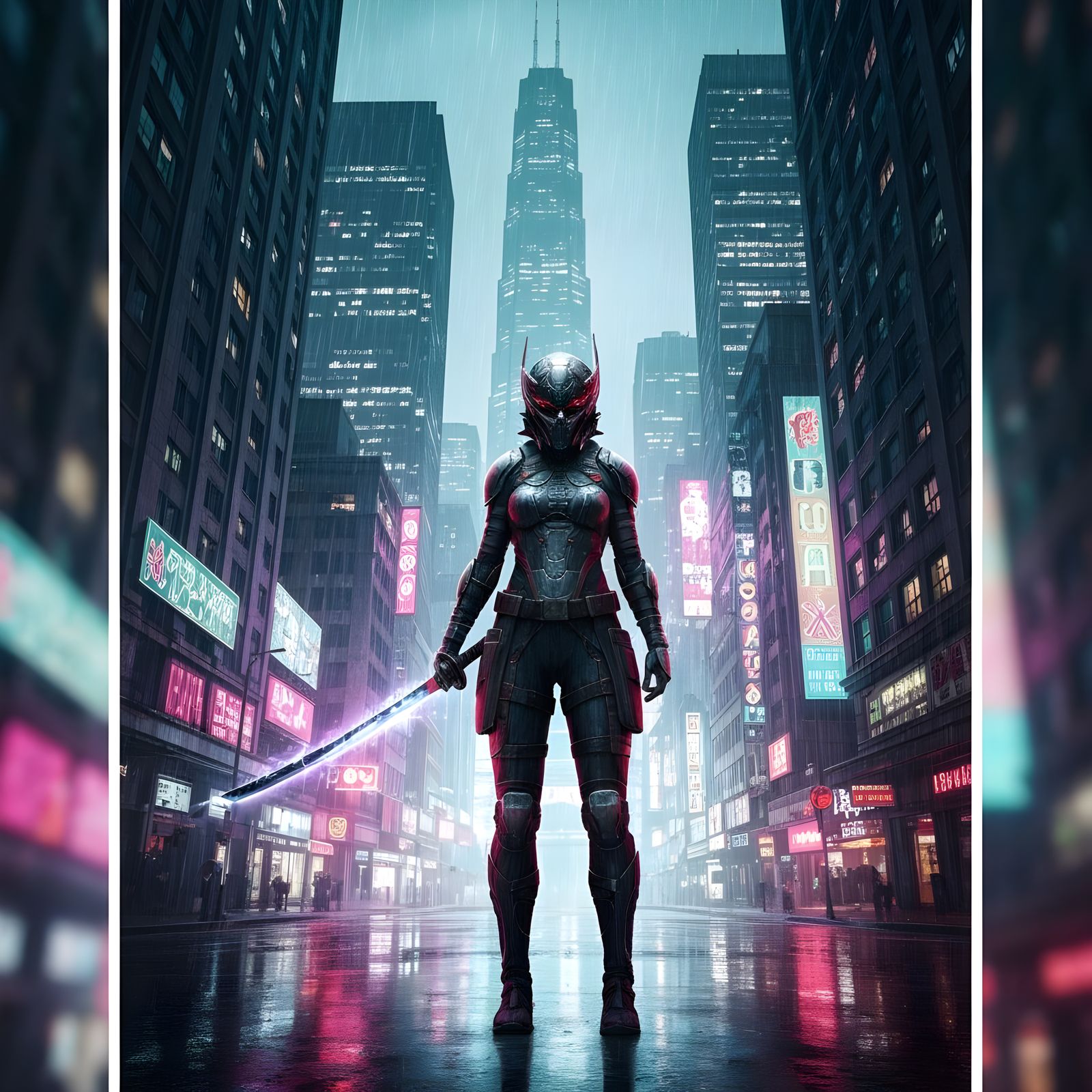 Cyberpunk Samurai in Neon Cityscape