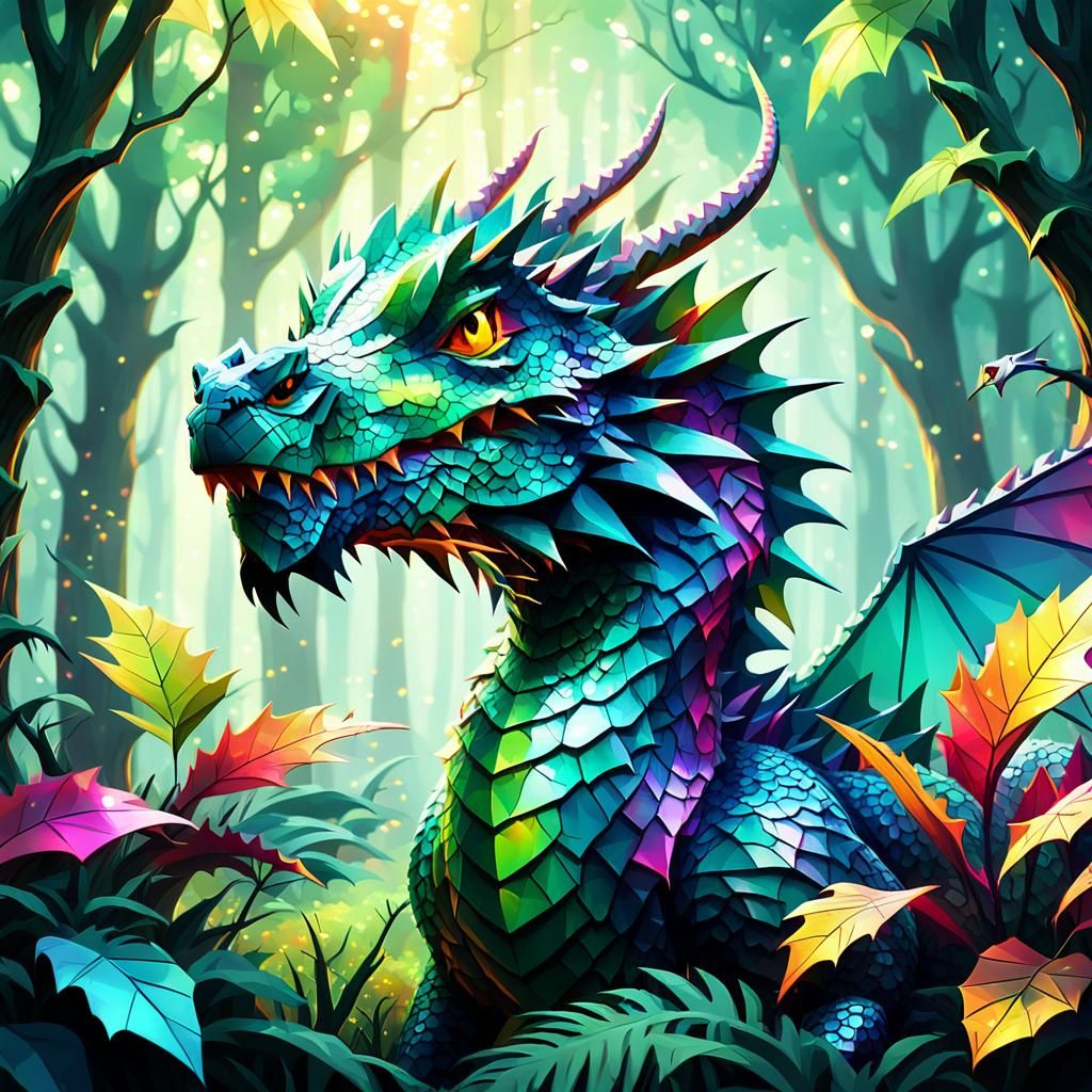 Dragon in Forest: Low-Poly Digital Art
