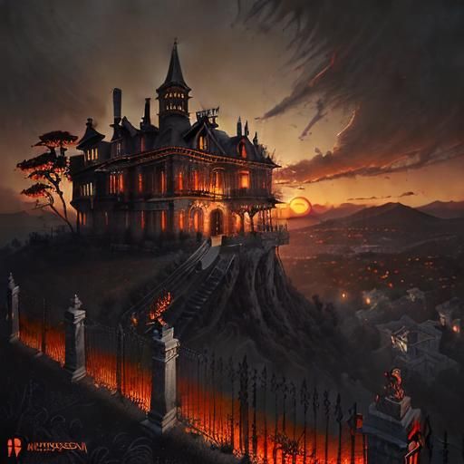 Macabre Mansion at Sunset in Dramatic Lighting