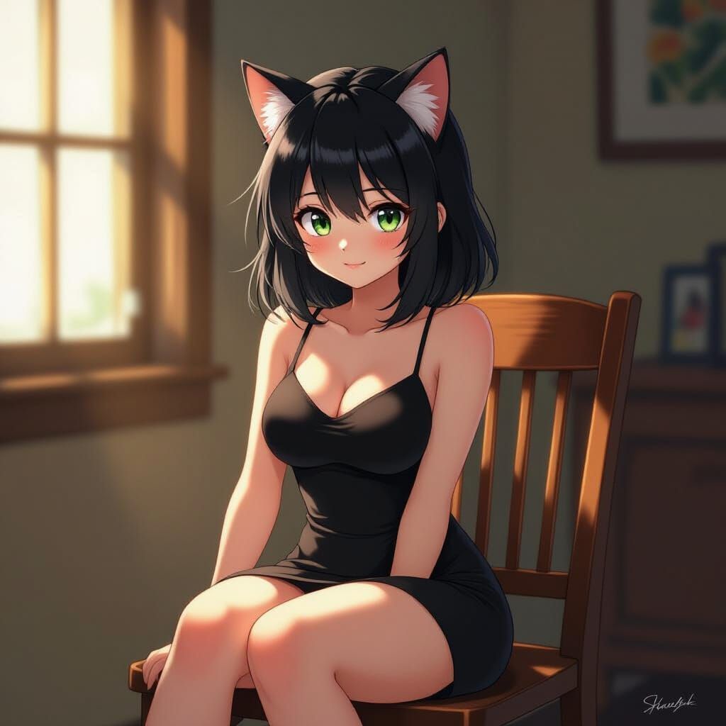 Cute Catgirl Sits on Chair in Dimly Lit Room