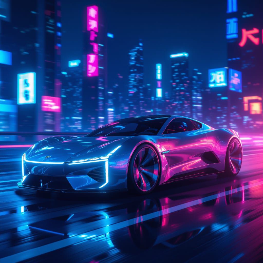 Futuristic Chrome Car Speeds Through Cyberpunk Cityscape