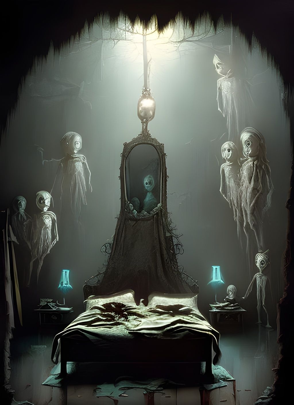 Creepy Dolls in Haunted Bedroom: Sinister Digital Art