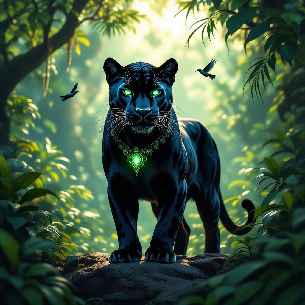 Black Panther with Emerald Eyes in Lush Rainforest