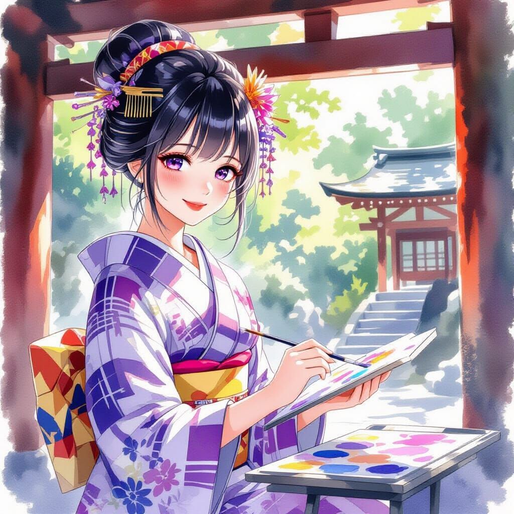 Geisha Painting at Shrine in Watercolor Style