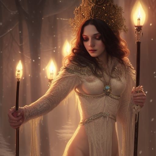 Snowy Enchantress with Crystal Staff: Detailed Fantasy Art