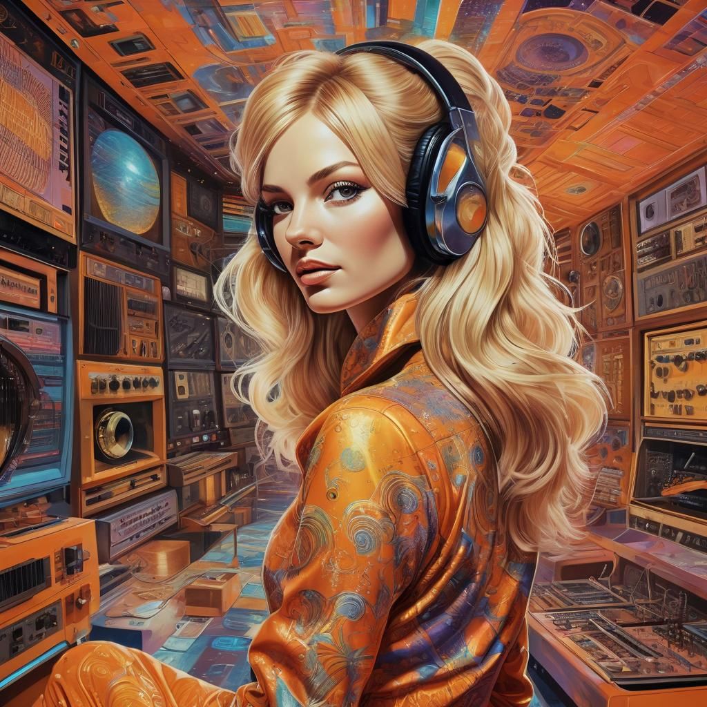 Psychedelic Blonde Goddess in a 70s Music Studio Scene