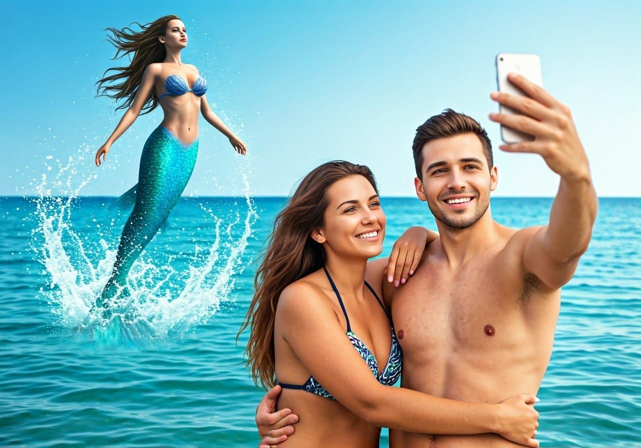 Couple's Selfie Interrupted by Mermaid in Turquoise Sea