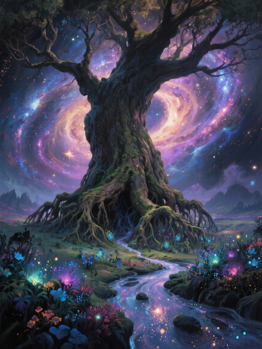 Ancient Cosmic Tree Rooted in Nebula, Reaching Galaxies