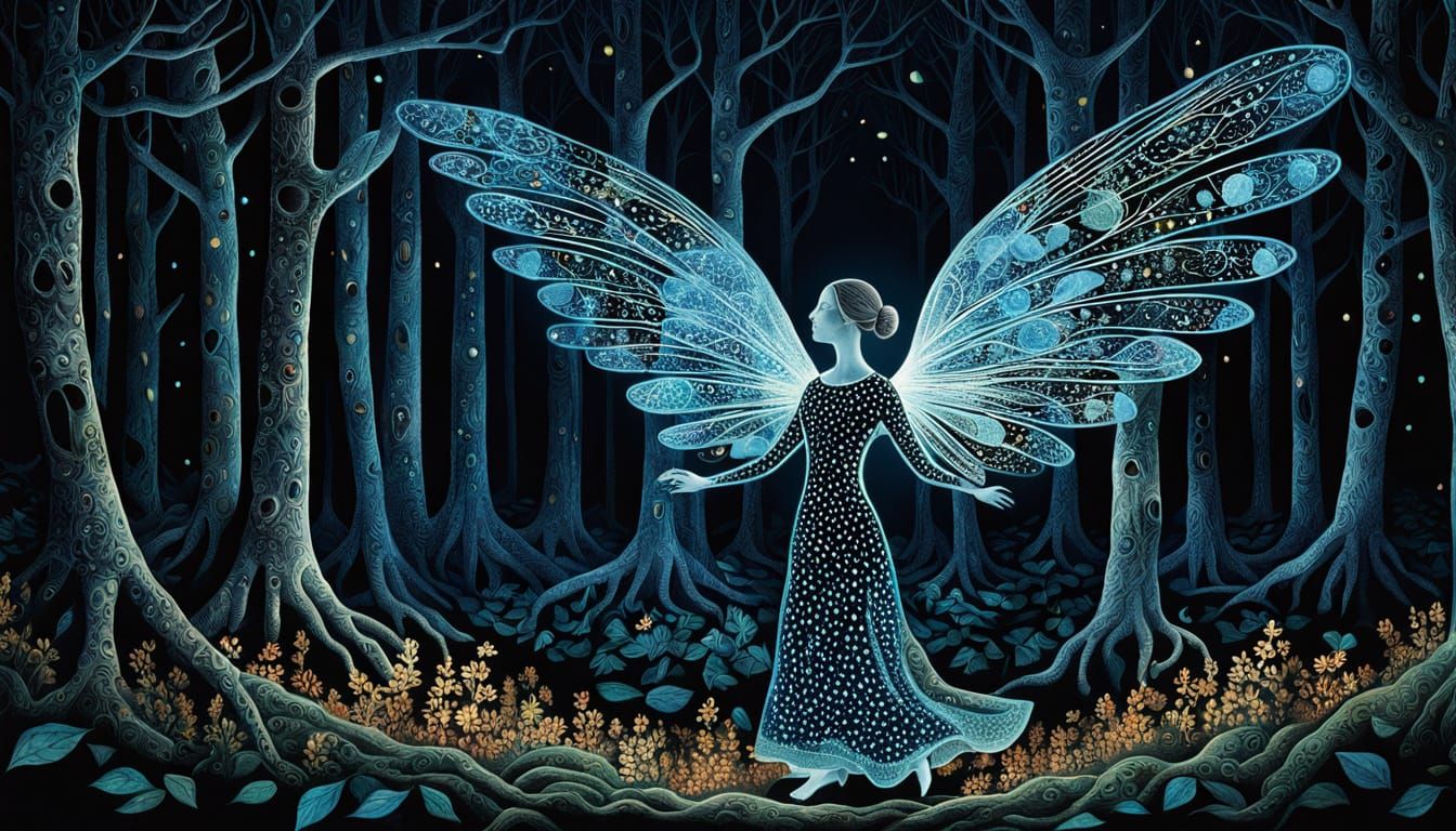 Surreal Sculpture of Winged Woman in Forest