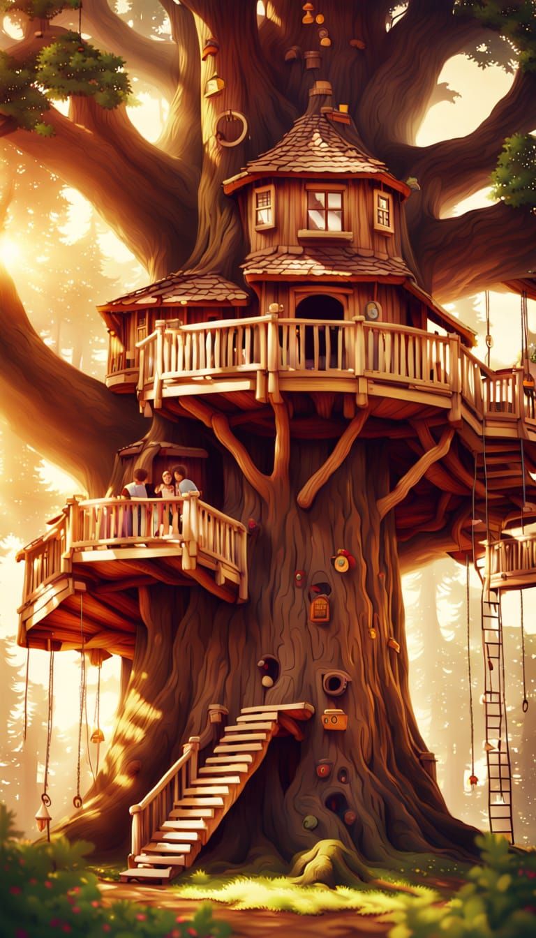Whimsical Treehouse Village around a Giant Sequoia
