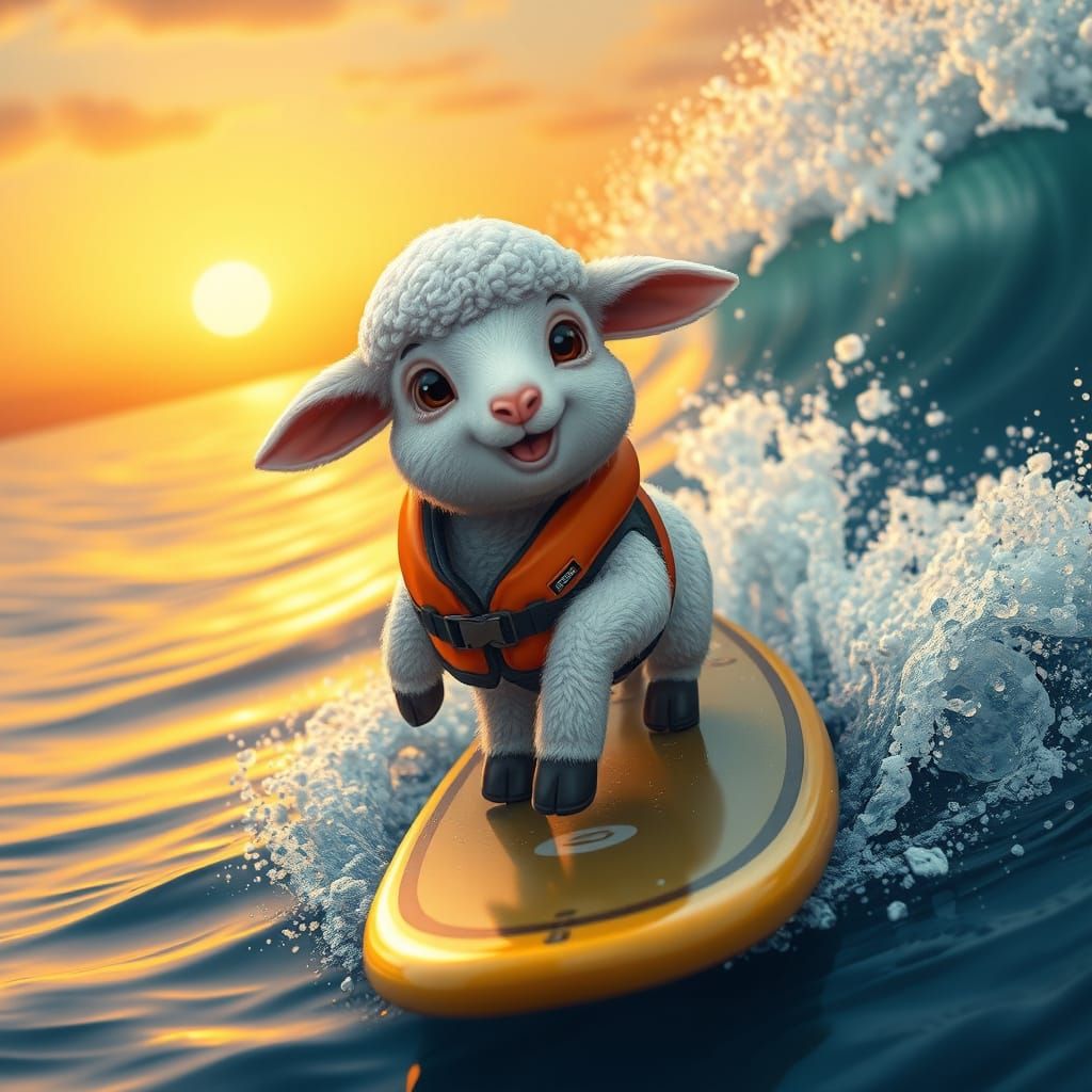 Surfing Lamb Rides Sunset Wave as Digital Art