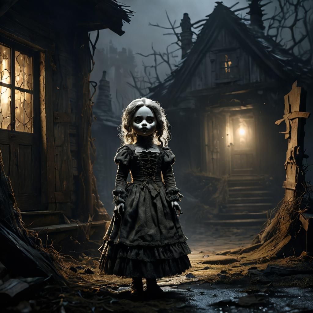 Eerie Doll Blocks Doorway in Dark Fantasy Art