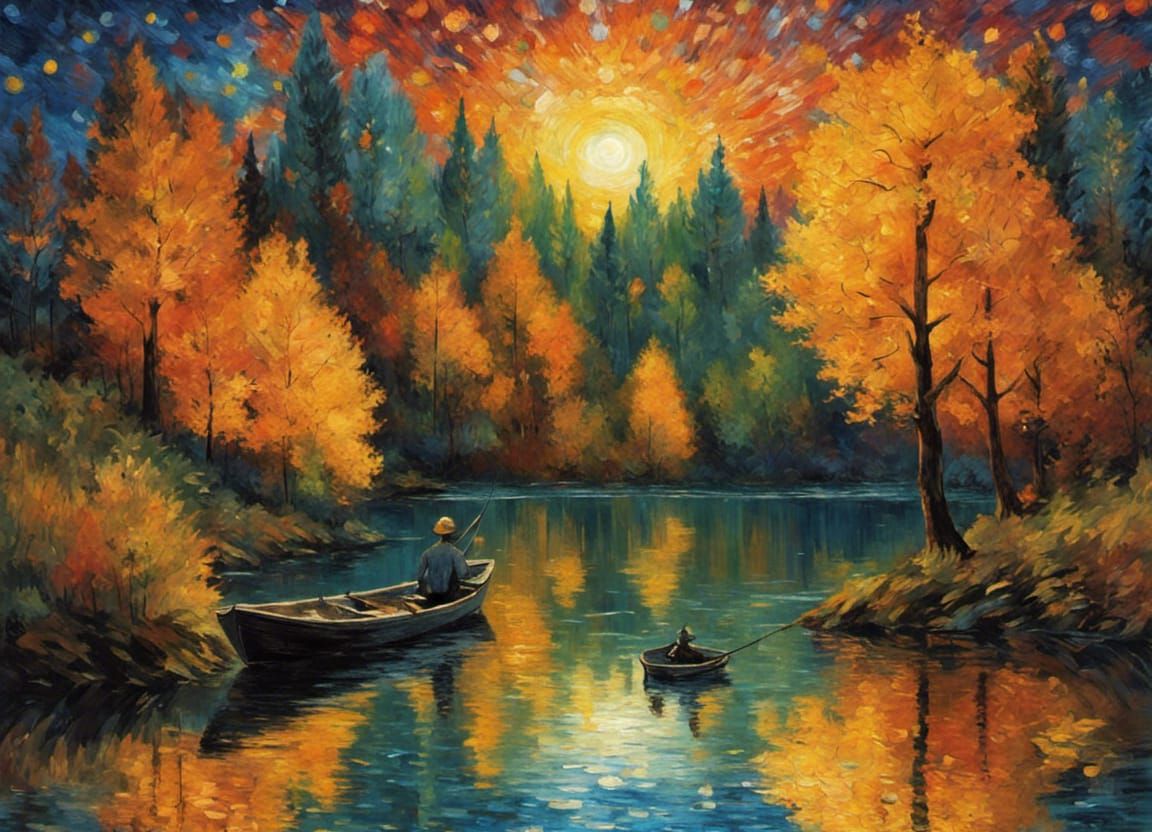 Impressionistic Autumn Fishing Scene Under Starry Sky