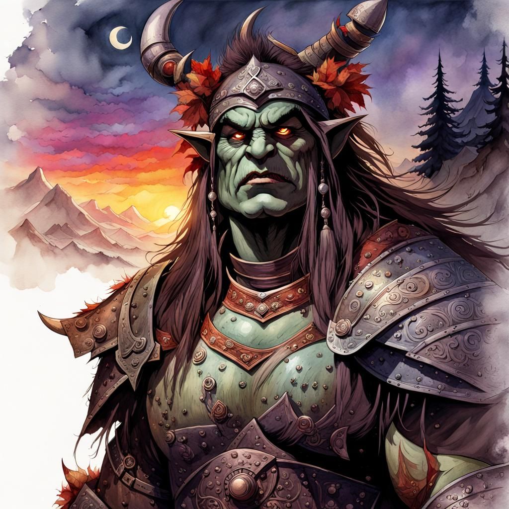 Orcish Festival Under Blood Moon: Digital Watercolor