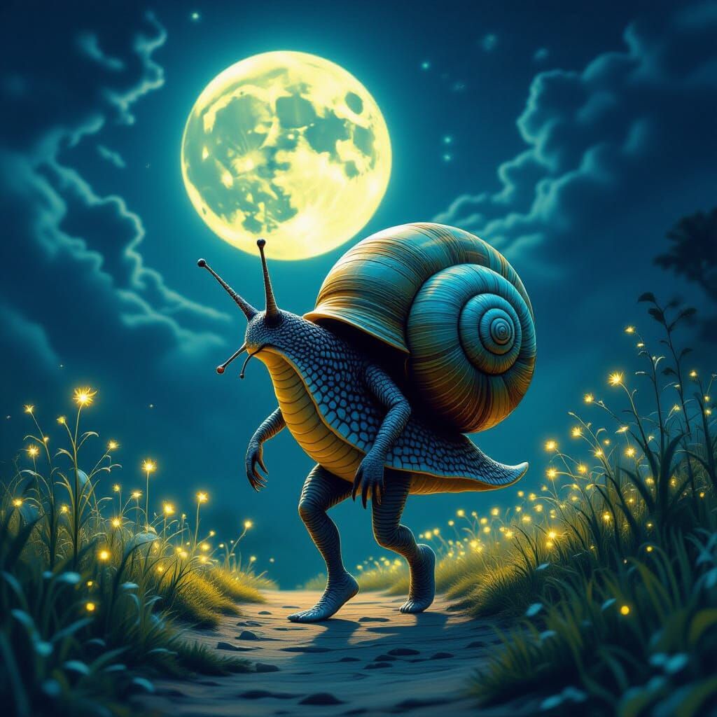 Humanoid Snail Person Under Luminous Full Moon