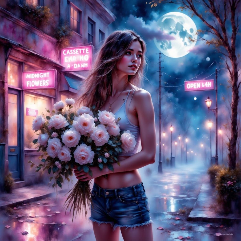 Synthwave Woman with Roses on Neon City Street
