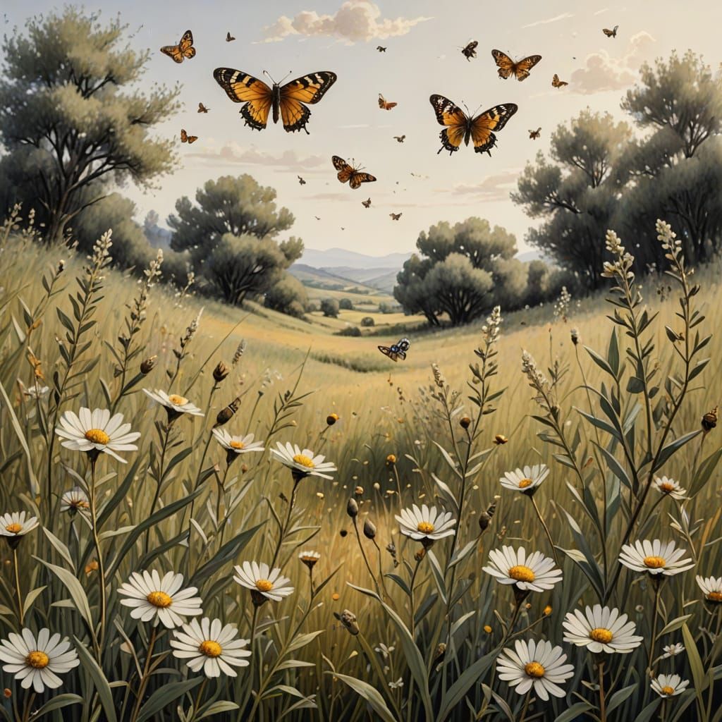 Serene Provencal Olive Field in Whimsical Black and White