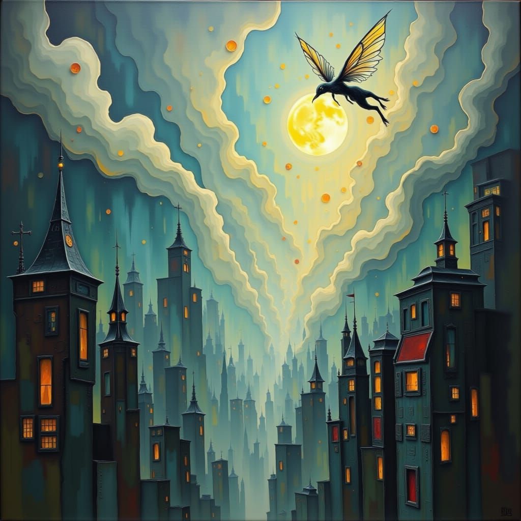 Fairy Over Dystopian City in Cyberpunk Style