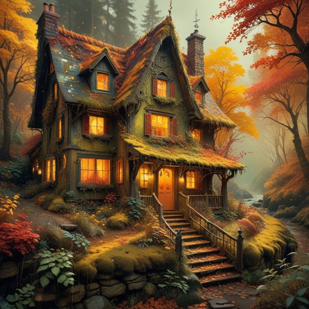 Cozy Cottage in Vibrant Autumn Forest