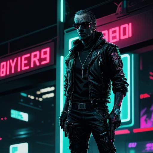 Cyberpunk Neon Assassin in 80s Miami Street