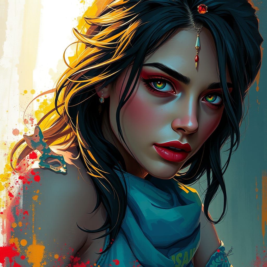 Beautiful Woman with Glowing Eyes in Graffiti Style