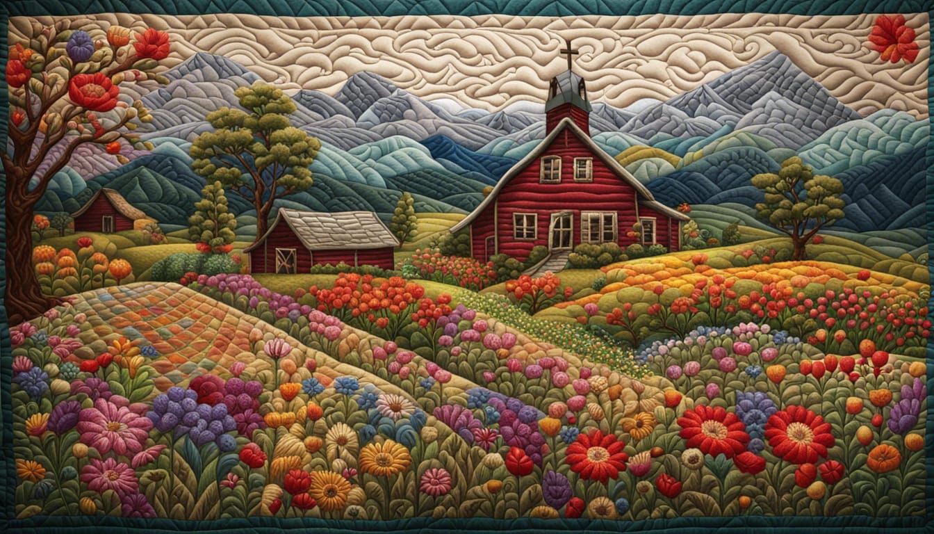 Floral Quilted Landscape in Gouache Watercolor Style