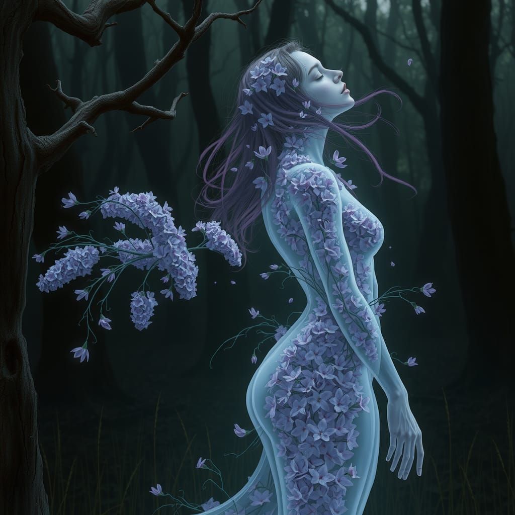 Ethereal Woman with Lilac Flowers in Dark Woods