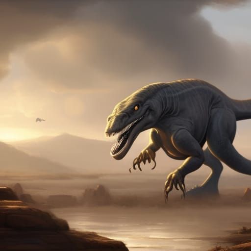 Dinosaurs in a Cinematic Fantasy Landscape