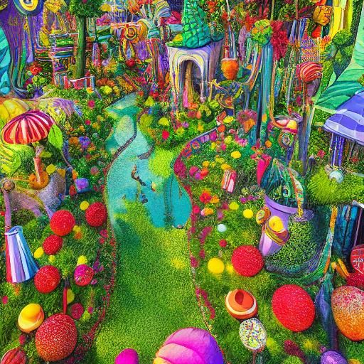 Mystical Garden Labyrinth with Fountains in Candy Art