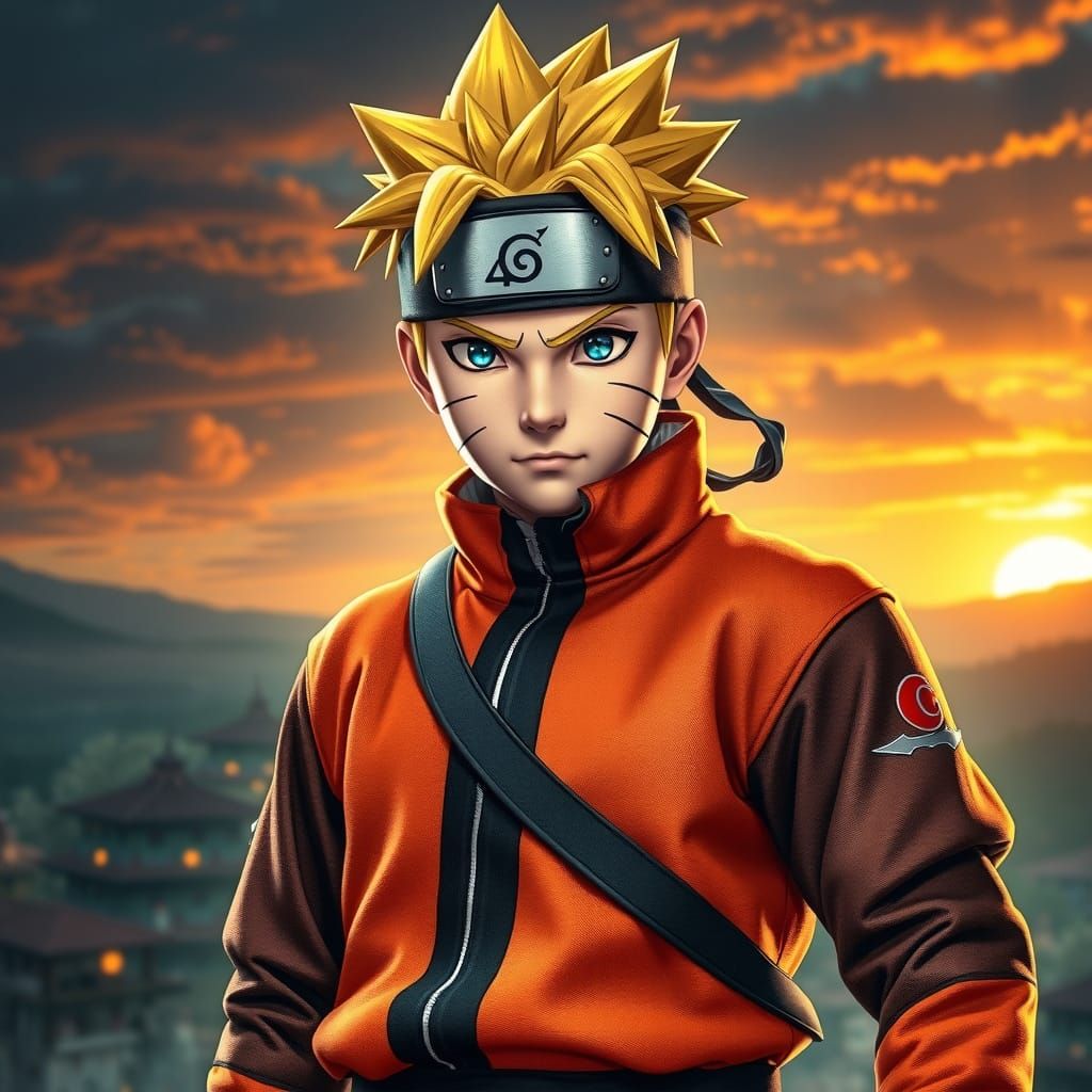 Naruto Uzumaki in Epic Ninja Outfit, Set Against Dramatic Hi...