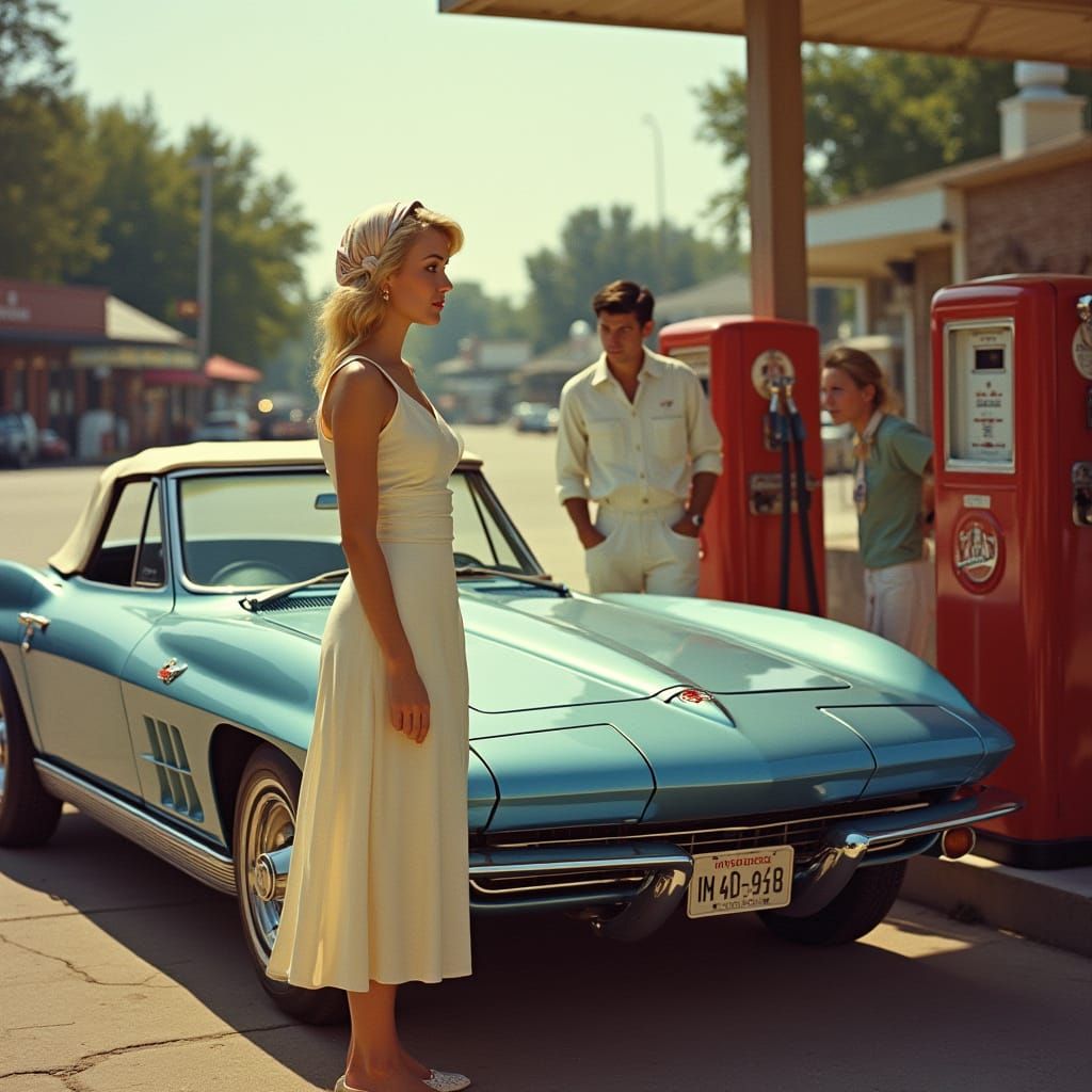 Charming Blonde Woman Beside Vintage Corvette at Quaint 1960...