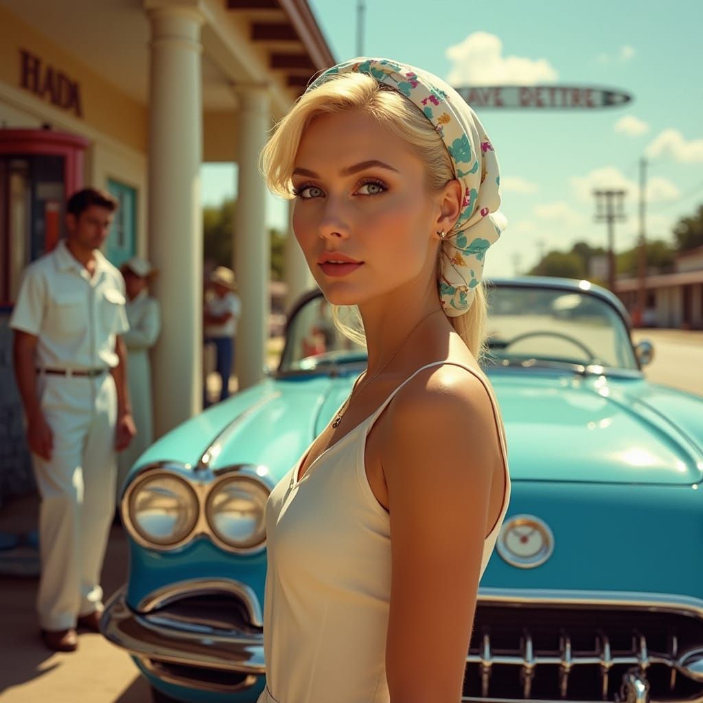 Vintage Southern Charm: Blonde Woman with Baby Blue Corvette