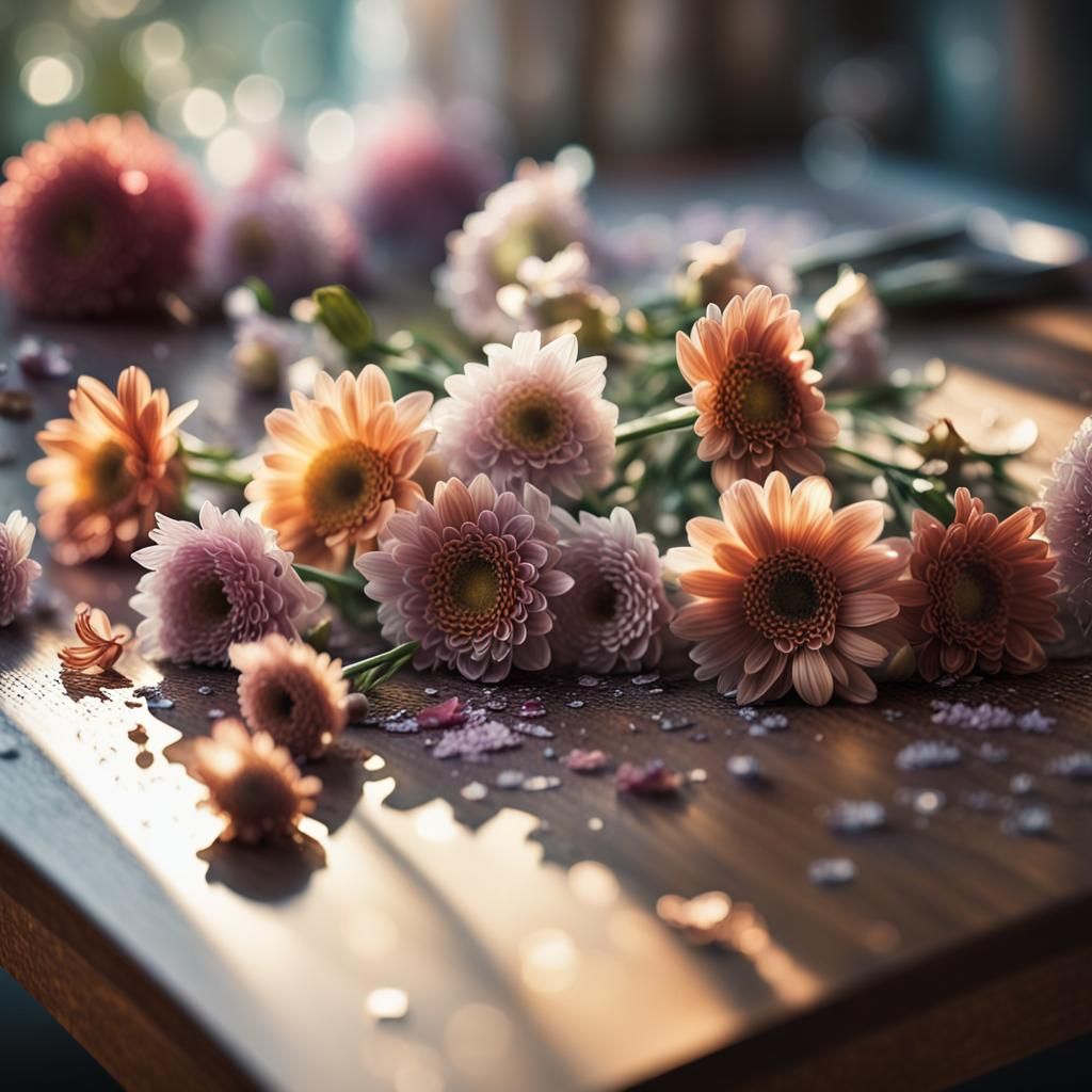 Faded Flowers in Sunlight: Hyperrealistic Photograph