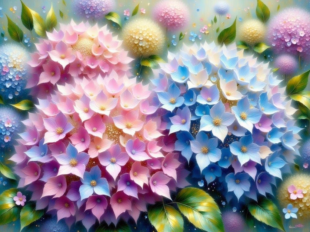 Soft Pastel Hydrangea Blooms in Impasto Oil Painting