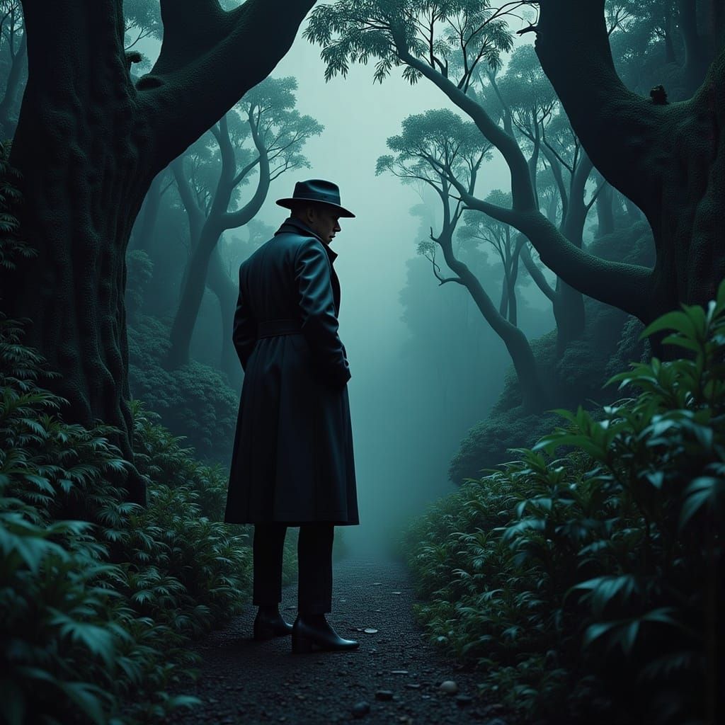 Film Noir Detective in Misty Forest
