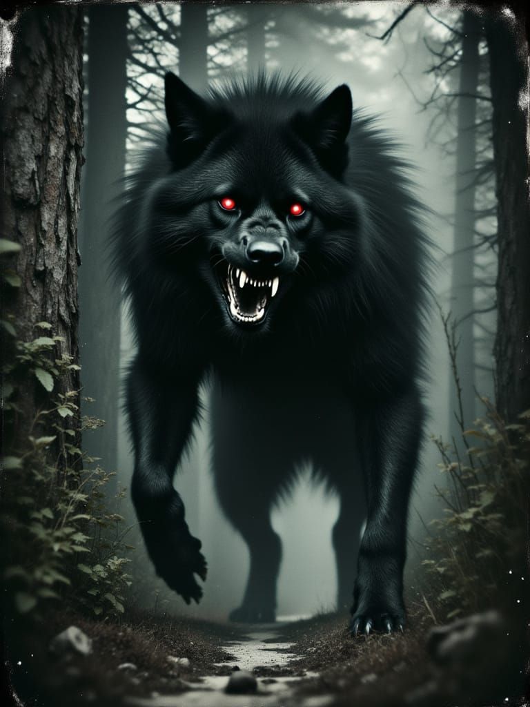 Menacing Black Wolf on Forest Path in Dark Fantasy Style