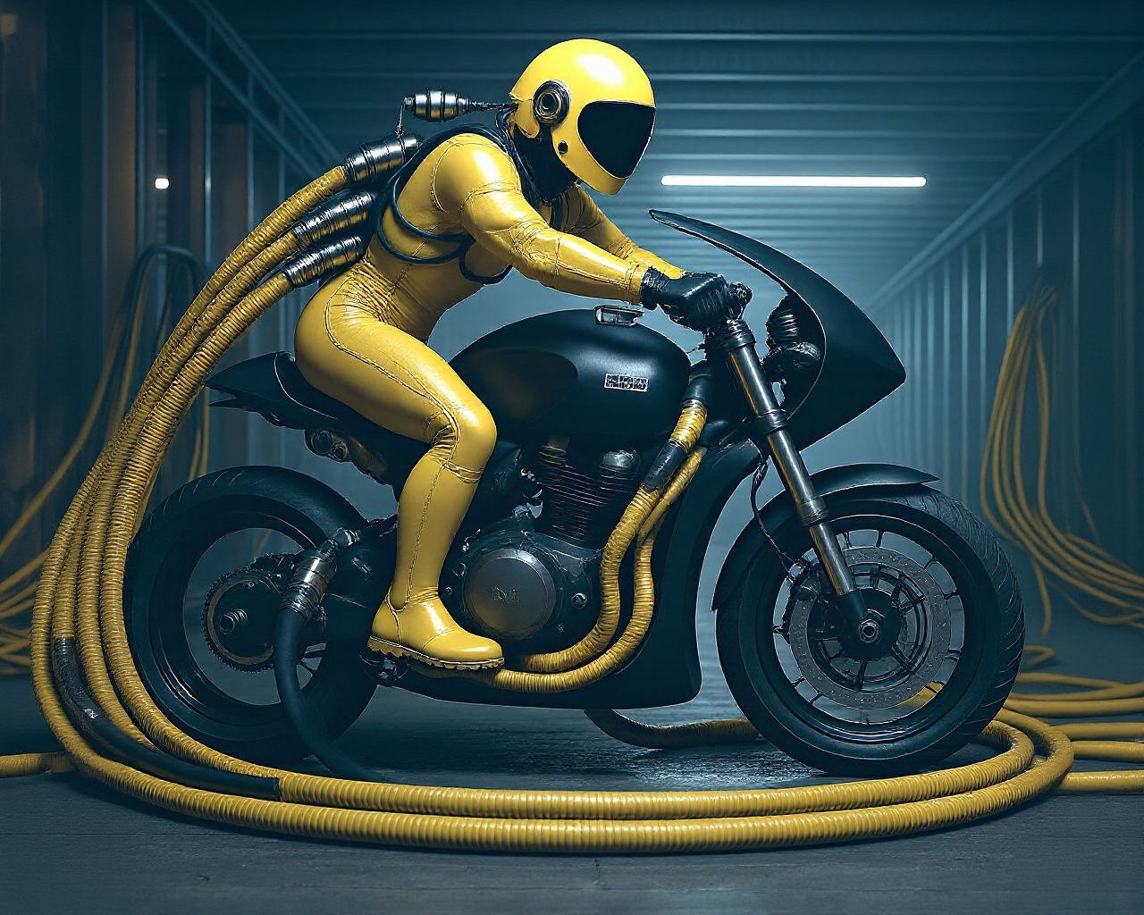 Futuristic Motorcyclist Merged with Electric Motorcycle