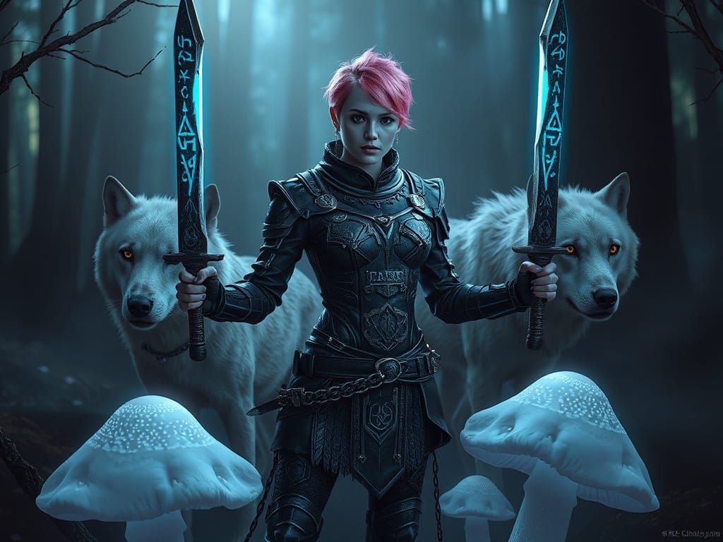 Gothic Warrior with Neon Pink Hair and Wolves in Dark Fantas...